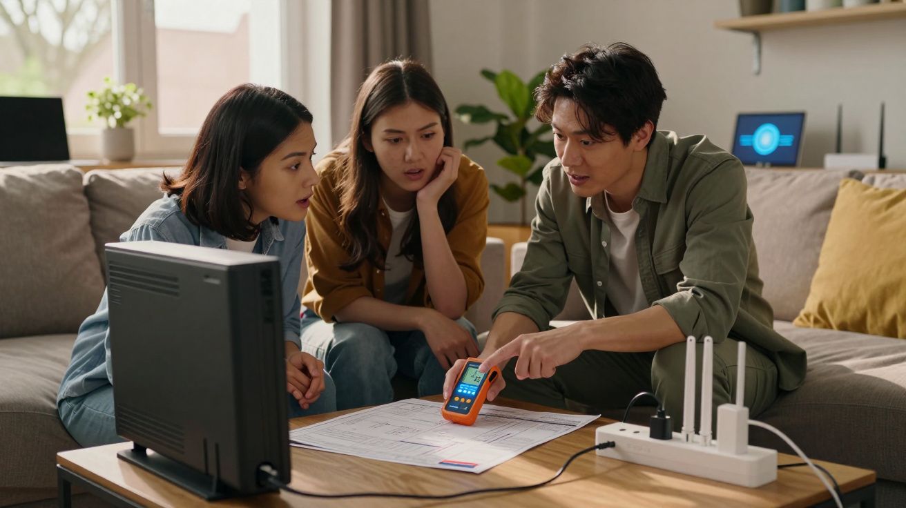 Três jovens sentados no sofá analisando um aparelho eletrônico e diagramas numa sala iluminada.