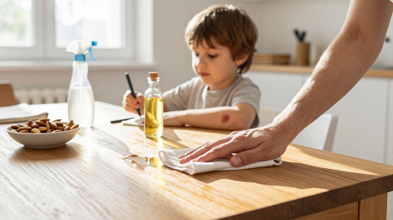 Mão de adulto limpando mesa de madeira com pano enquanto criança desenha ao fundo em cozinha iluminada.