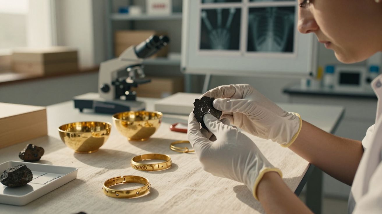 Pesquisadora com luvas analisando artefato arqueológico preto em laboratório com objetos dourados na mesa.