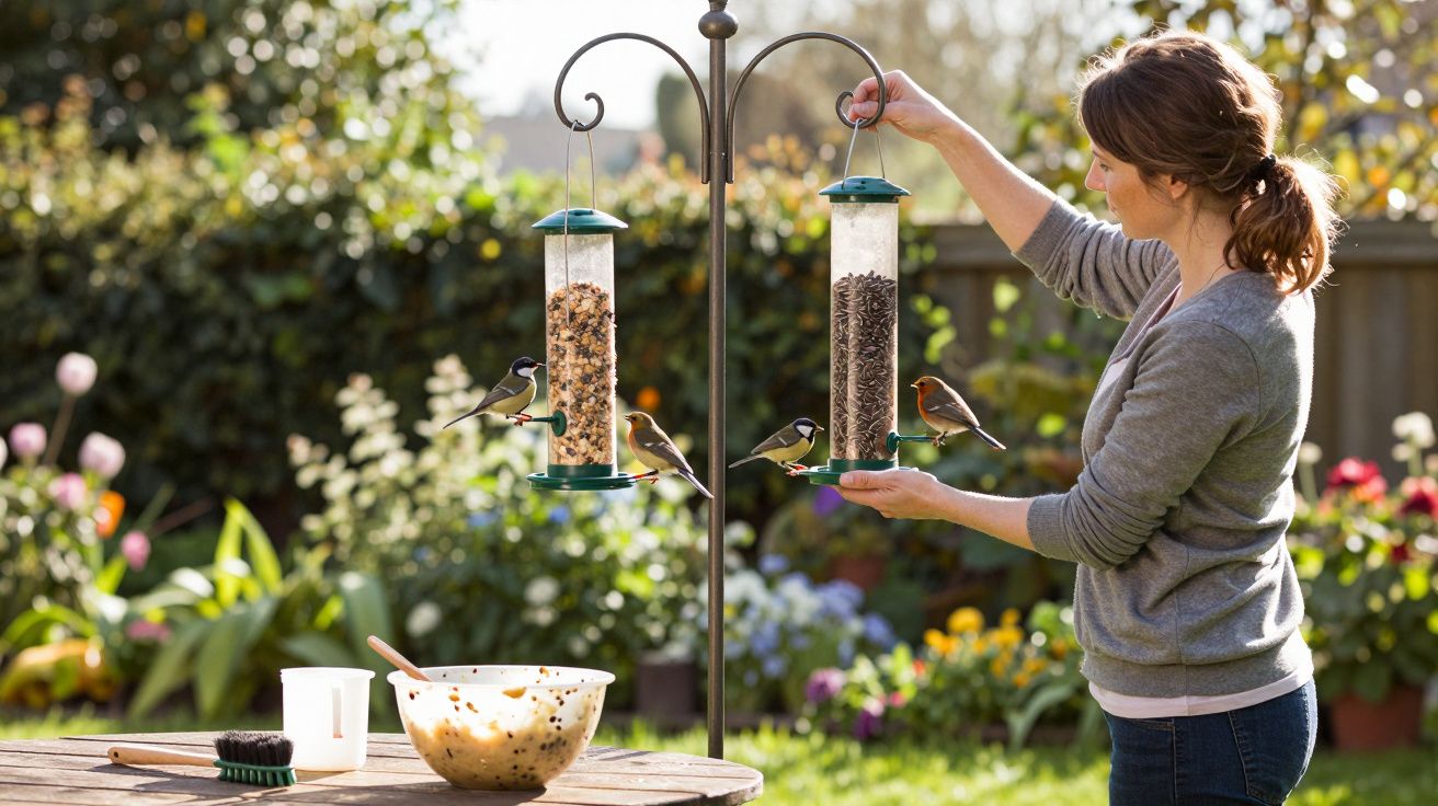 Mulher alimentando pássaros em comedouros suspensos em jardim florido durante o dia.