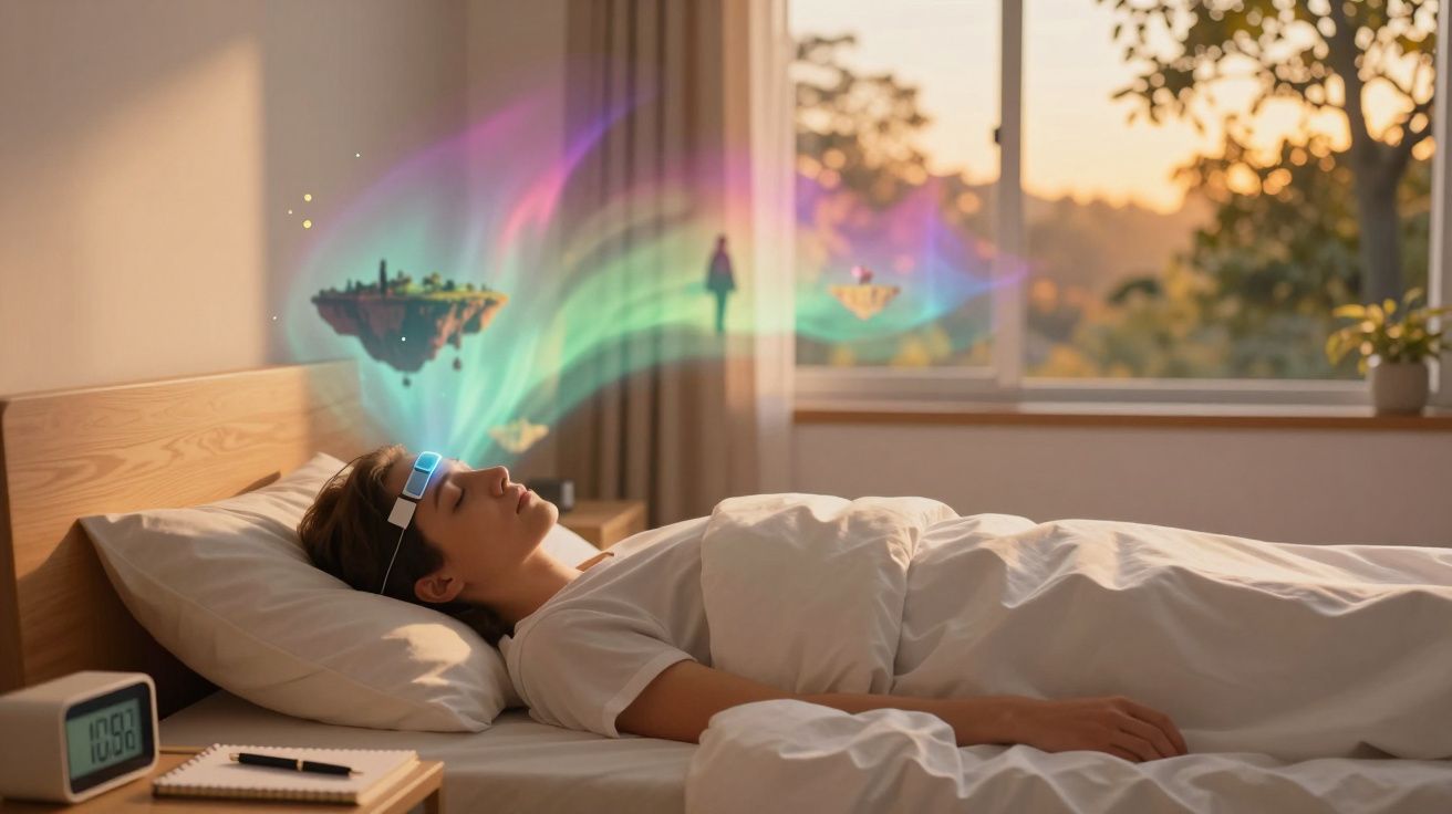 Pessoa deitada na cama com dispositivo na testa emitindo imagens coloridas flutuantes de fantasia.