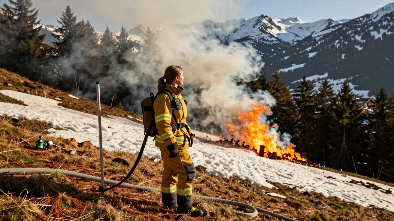 Bombeira de uniforme amarelo observando incêndio em área com neve e montanhas ao fundo.