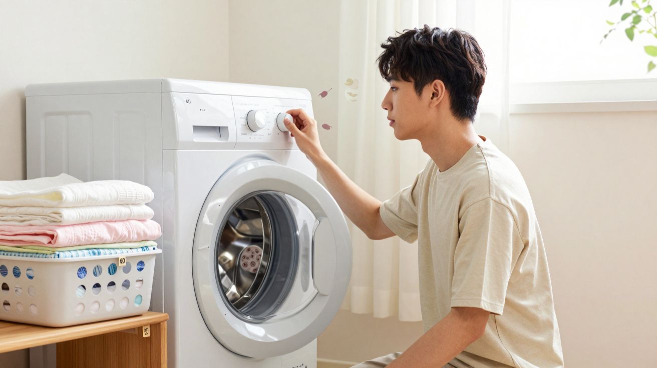 Homem ajusta a configuração de uma máquina de lavar em lavanderia com cestos e roupas dobradas.