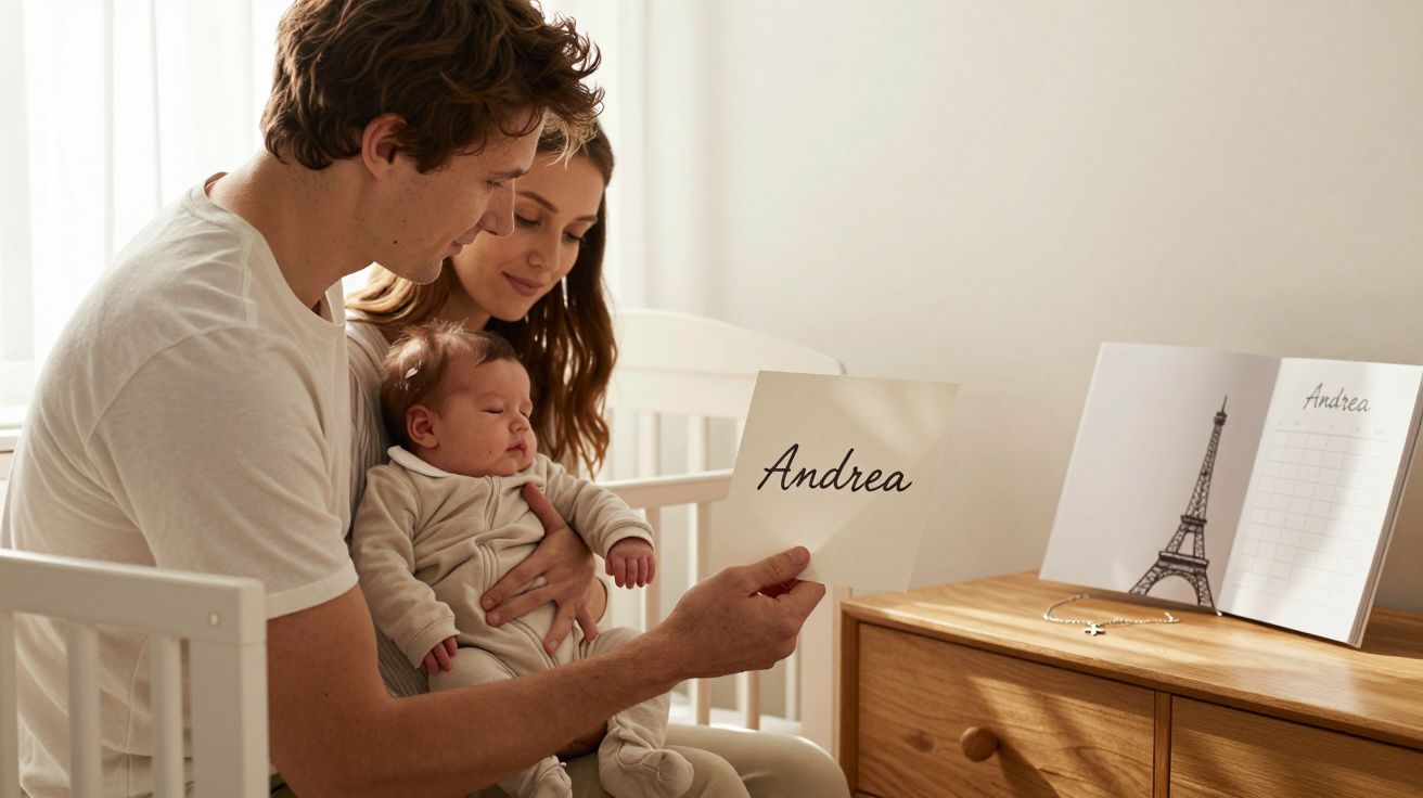 Casal segurando bebê no berço, olhando para um cartão com o nome Andrea escrito.