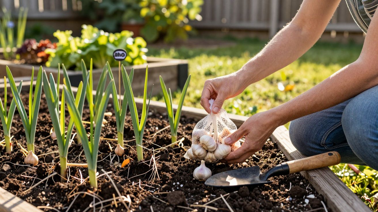 Pessoa plantando alho em canteiro de jardim ensolarado com pá de jardinagem ao lado.