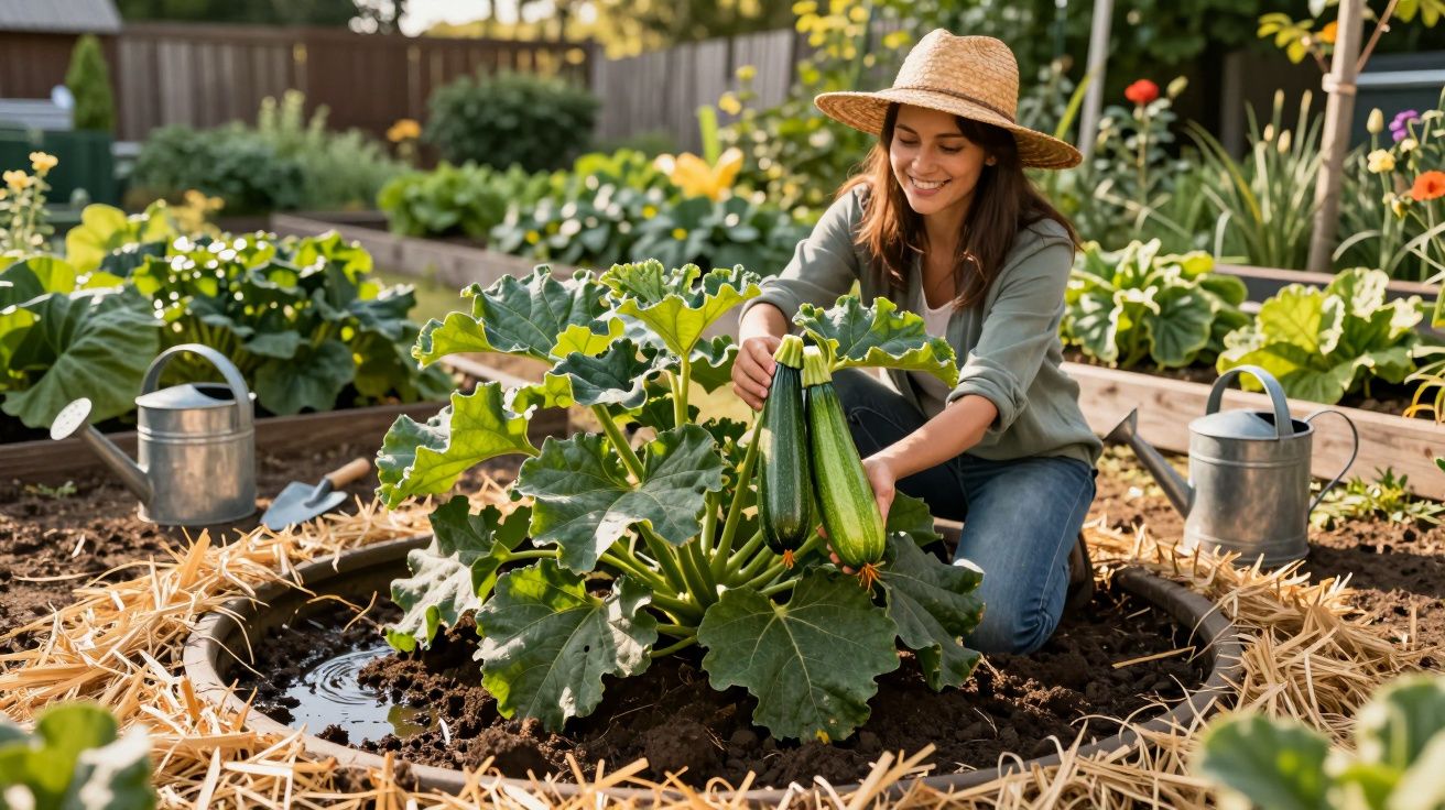 Mulher colhendo abobrinhas no jardim rodeado por plantas e regadores ao sol.