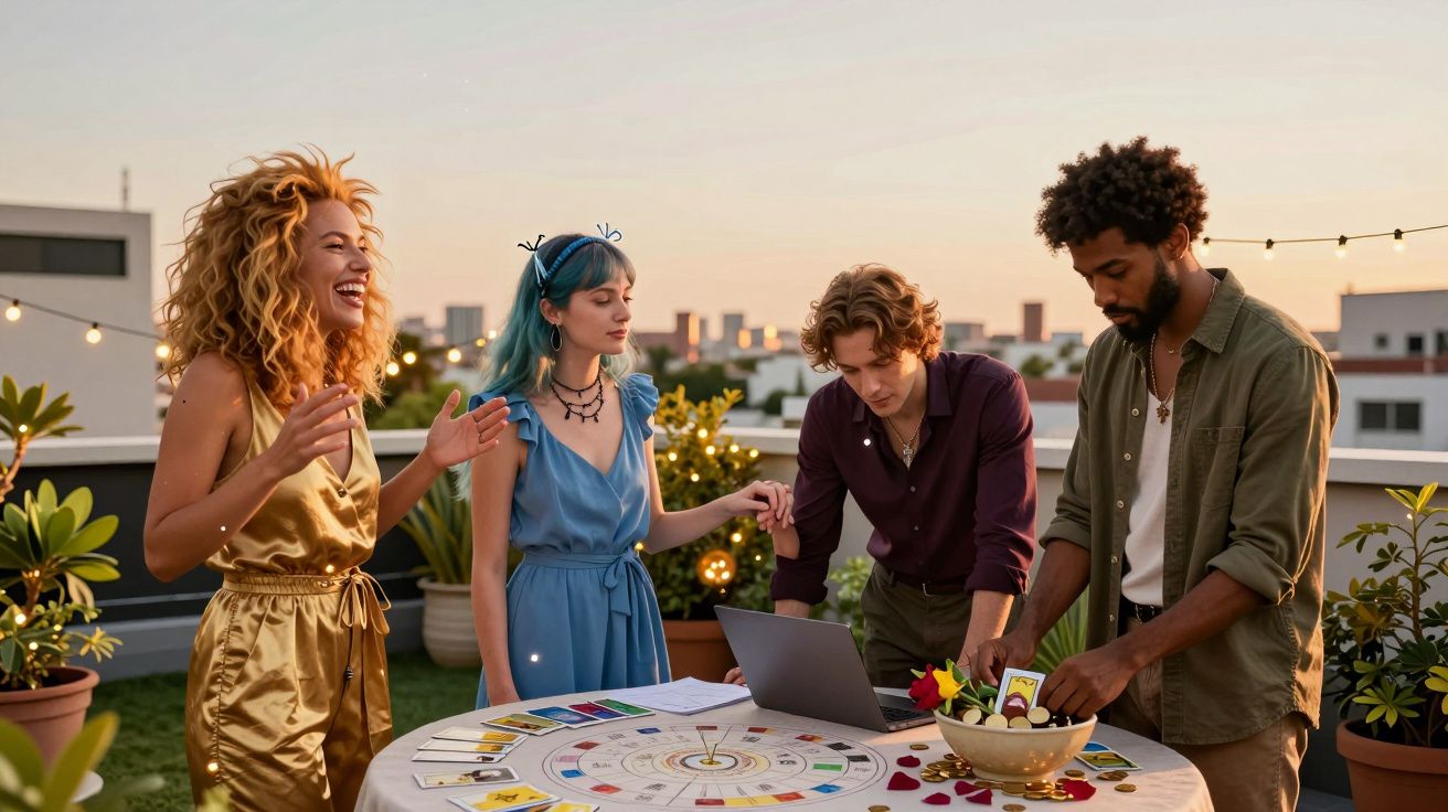 Grupo de jovens jogando e se divertindo ao pôr do sol em uma varanda com plantas e luzes decorativas.