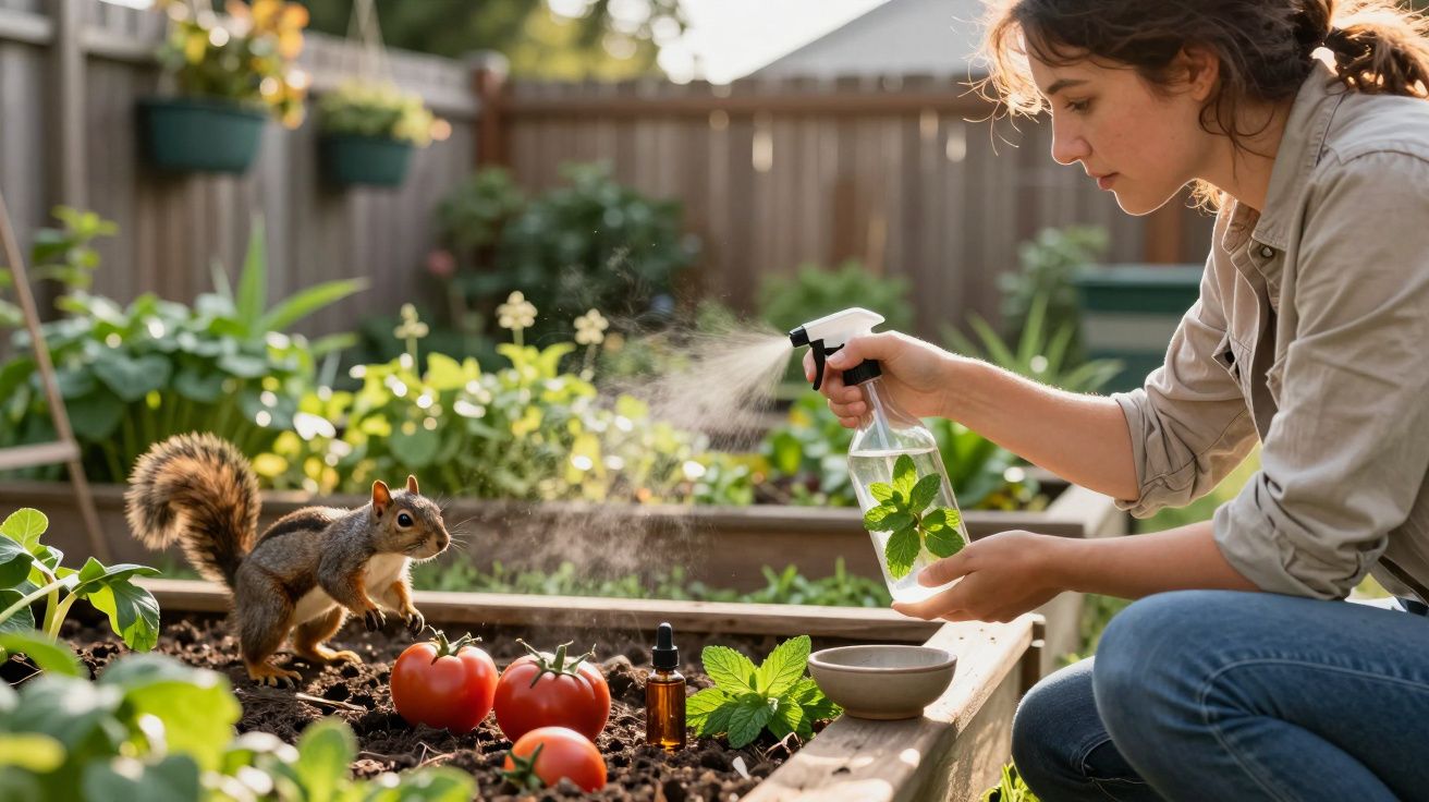 Mulher regando plantas em canteiro com esquilo próximo e tomates maduros na horta.
