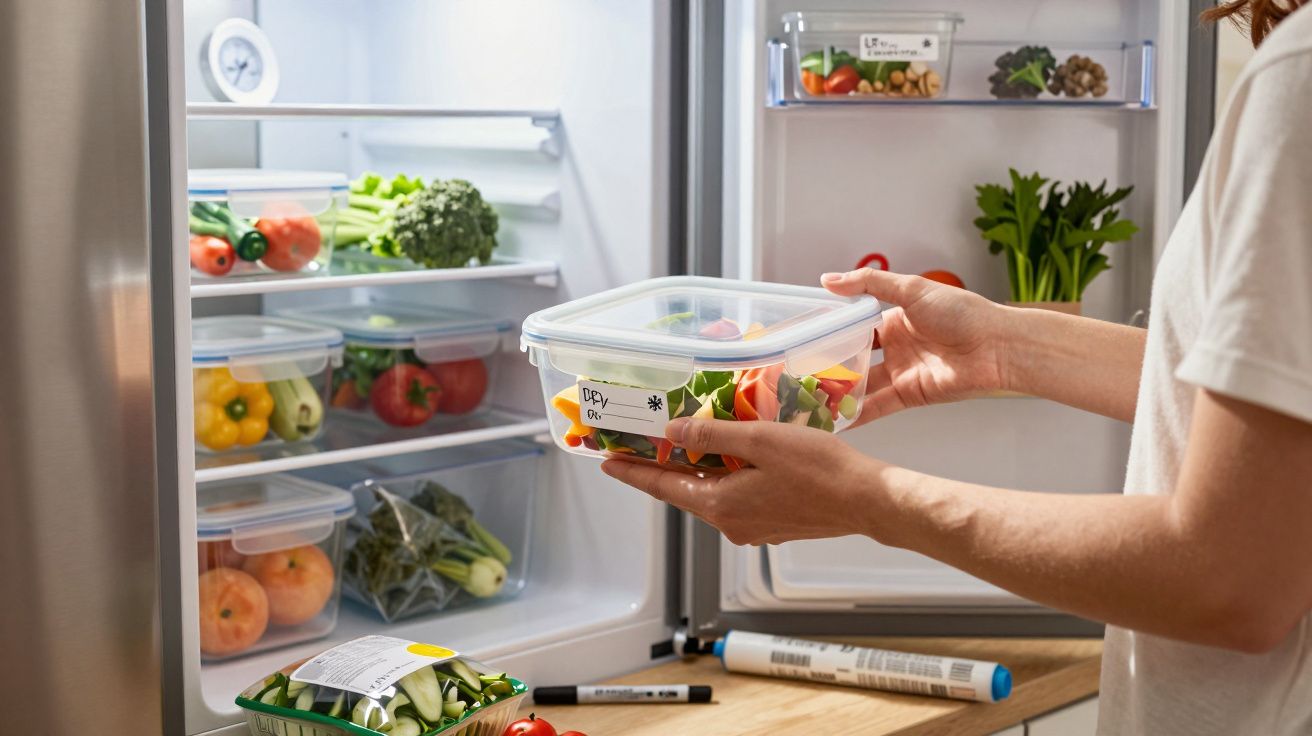 Pessoa guardando salada em pote plástico dentro da geladeira organizada com legumes frescos.