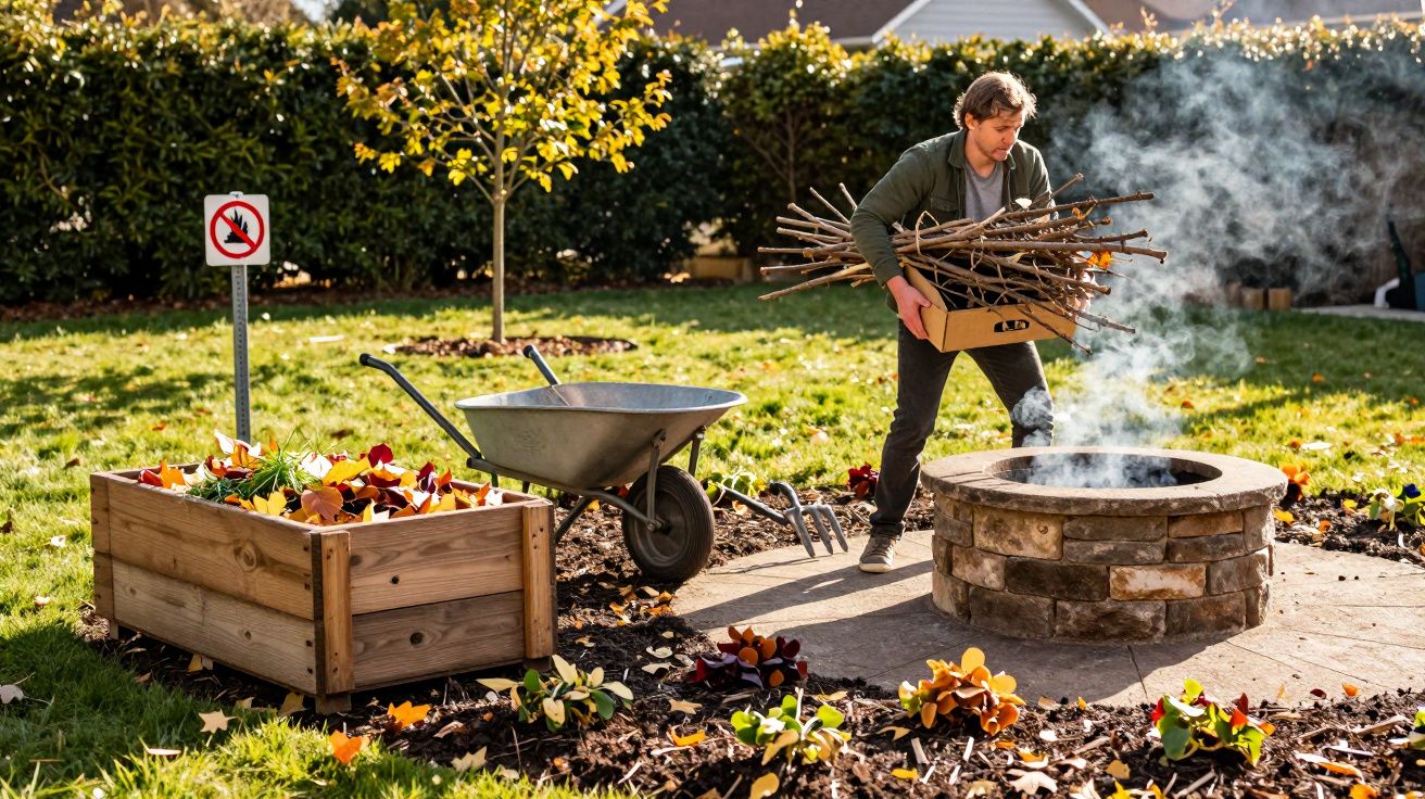 Homem carregando galhos secos para uma fogueira circular em jardim com carrinho de mão e caixa de madeira.