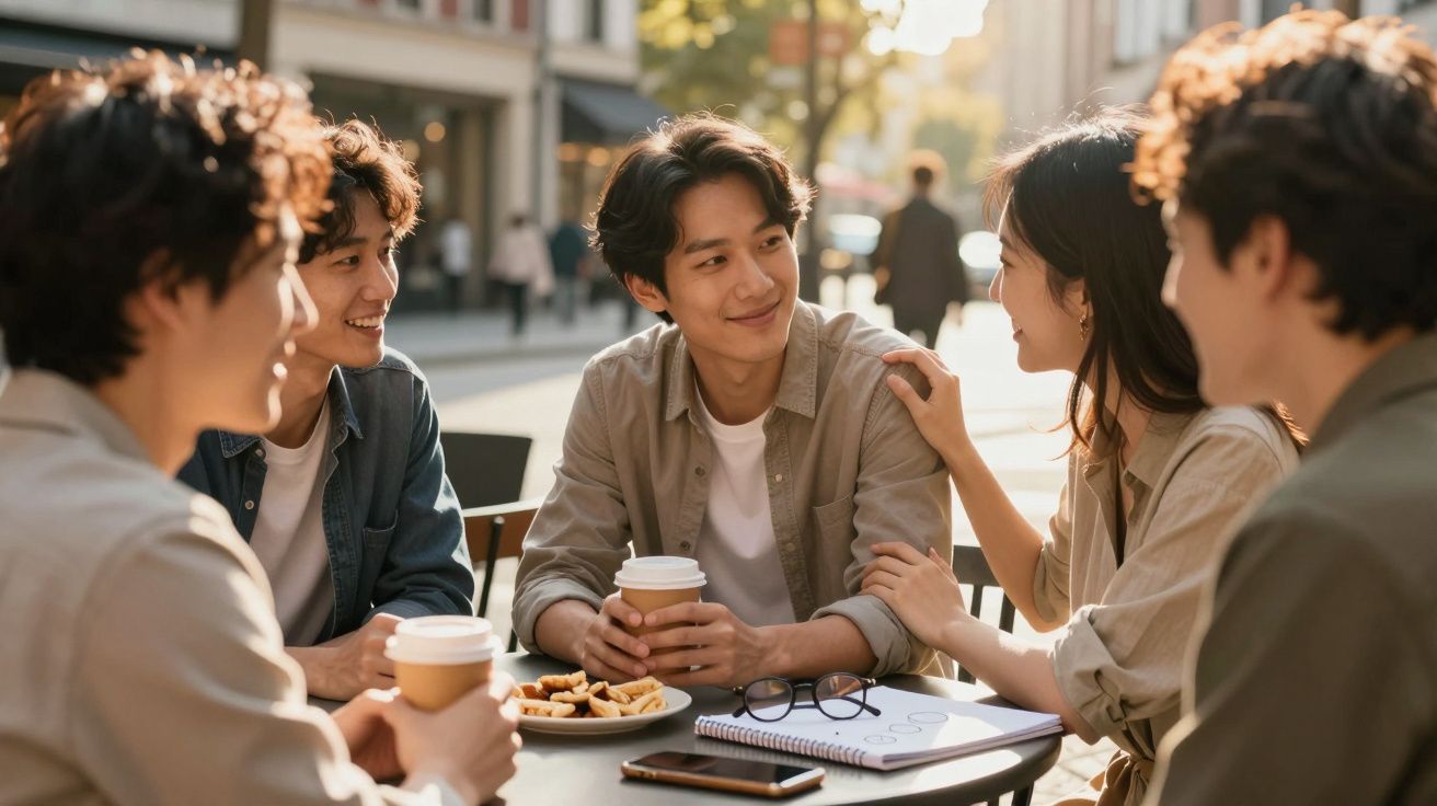 Grupo de jovens sentados ao ar livre, conversando e tomando café em dia ensolarado.