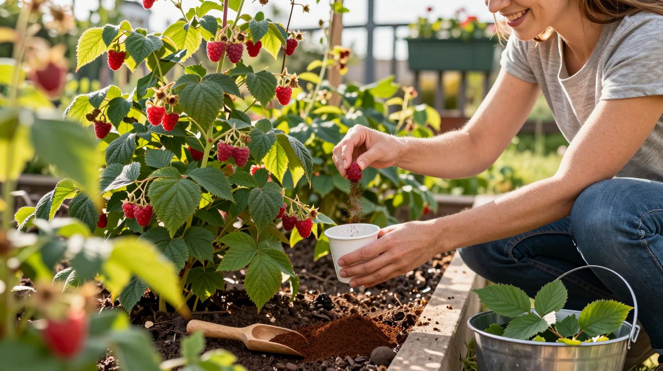 Mulher colhendo framboesas vermelhas e colocando em pote branco em jardim ensolarado.