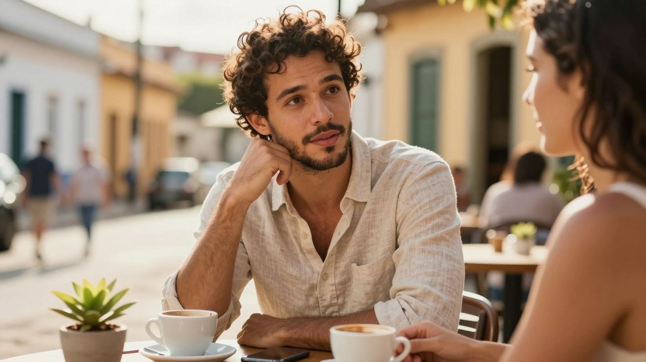 Homem de camisa clara conversa com mulher em café ao ar livre durante o dia, com xícaras na mesa.