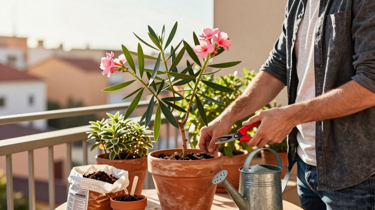 Pessoa cuidando de plantas com flores rosas em vasos de cerâmica em varanda ensolarada.