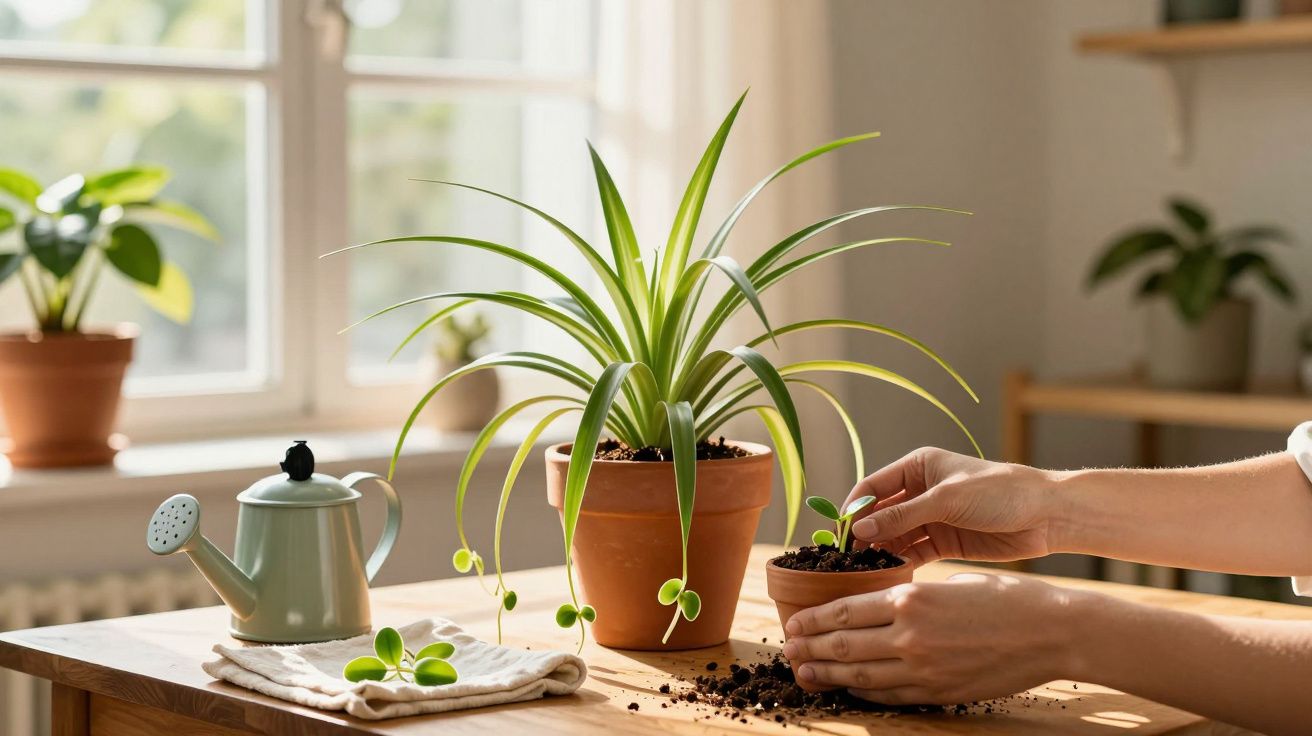 Mãos cuidando de mudas em vasos de barro sobre mesa de madeira com regador e plantas ao fundo.