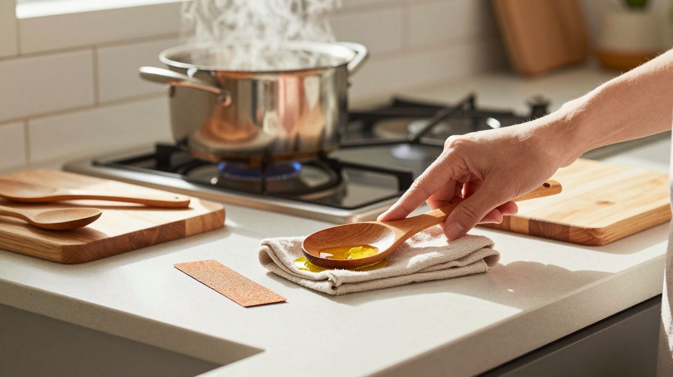 Mão segurando colher de madeira com óleo sobre pano, panela com vapor no fogão ao fundo.