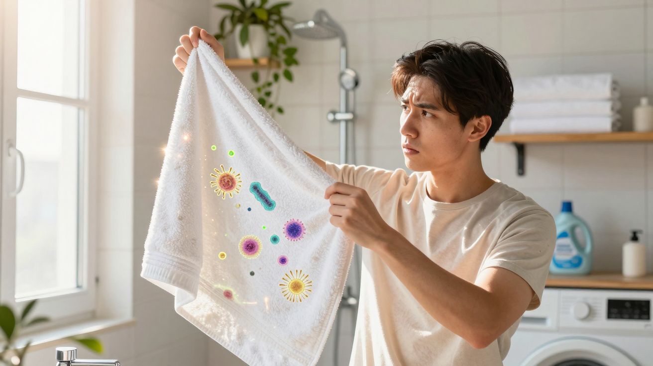 Homem examinando uma toalha branca com ilustrações coloridas de germes em ambiente de lavanderia.