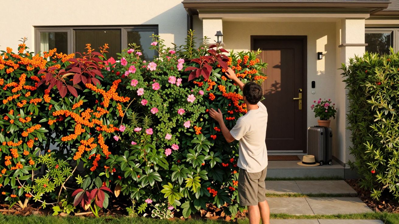 Homem cuida de planta florida com bagas laranja e rosa em frente à porta de entrada de casa.