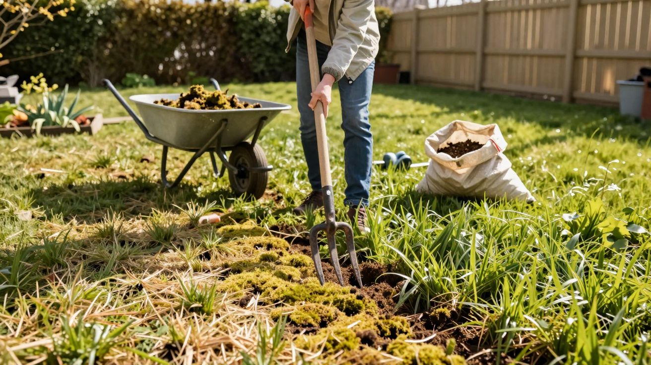 Pessoa usando enxada em jardim com carrinho de mão e saco de terra ao fundo em dia ensolarado.