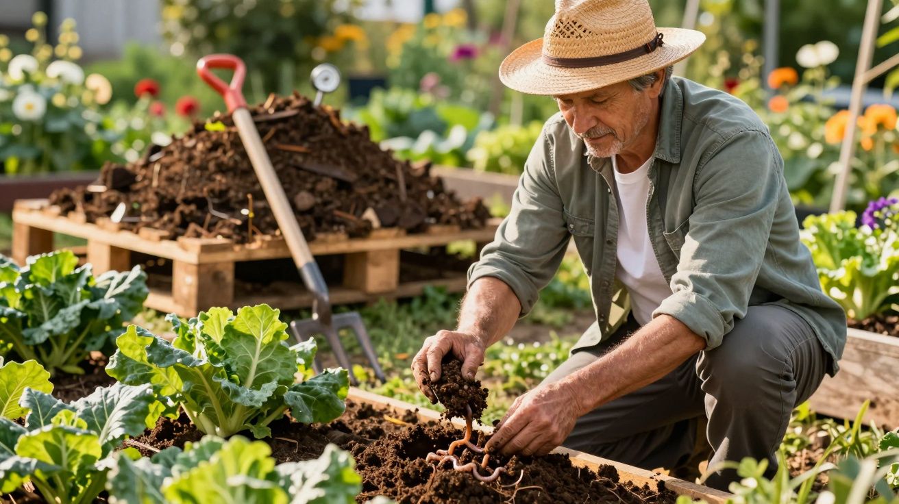 Homem com chapéu cultivando minhocas na terra de uma horta com vegetais ao redor.