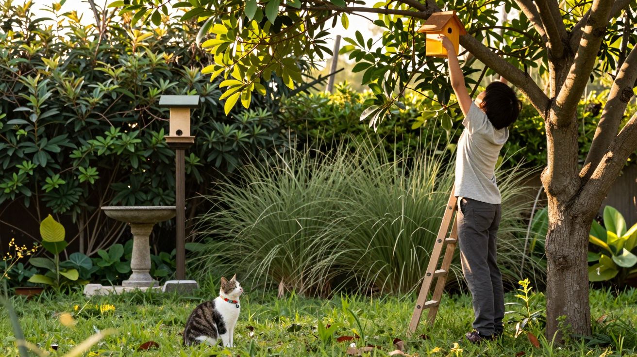 Menino na escada ajusta casinha de passarinho em árvore enquanto gato observa em jardim.