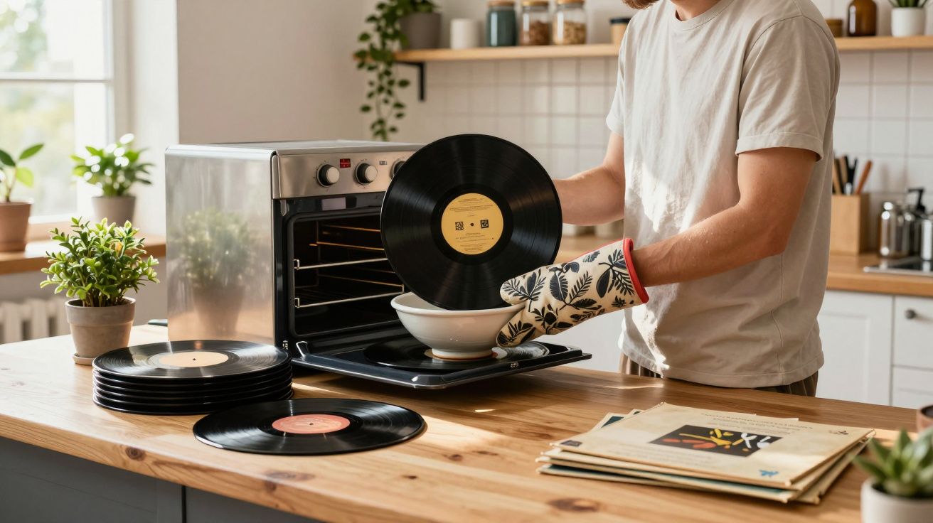 Pessoa segurando disco de vinil com luva térmica perto de forno e pilha de vinis em cozinha iluminada.
