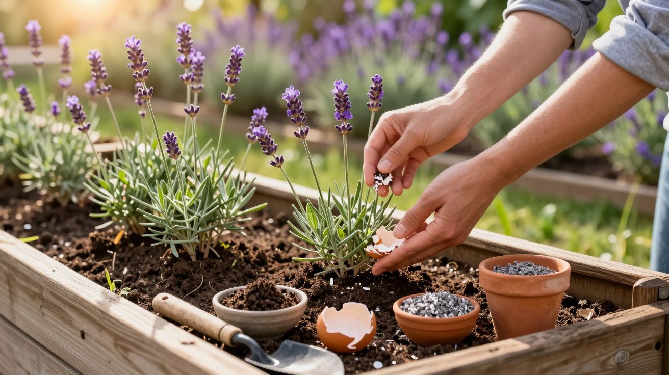 Pessoa usando casca de ovo como fertilizante em plantas de lavanda em canteiro de madeira com ferramentas de jardinagem.