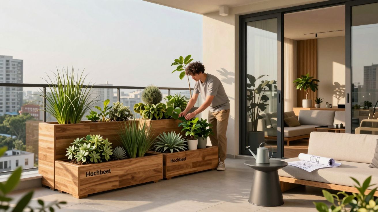 Homem cuidando de plantas em jardineiras de madeira na varanda de apartamento moderno ensolarado.