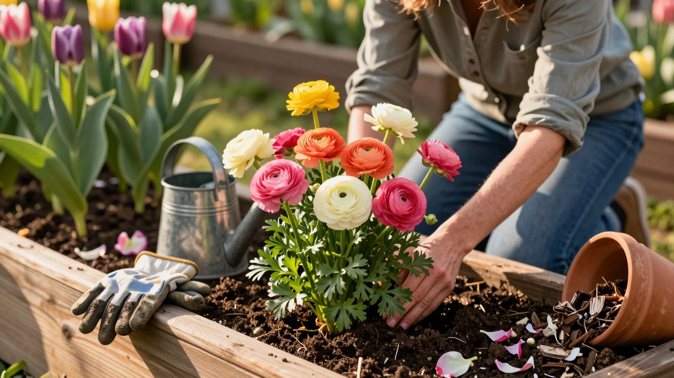 Pessoa plantando flores coloridas em canteiro de madeira, com regador e luvas de jardinagem ao lado.