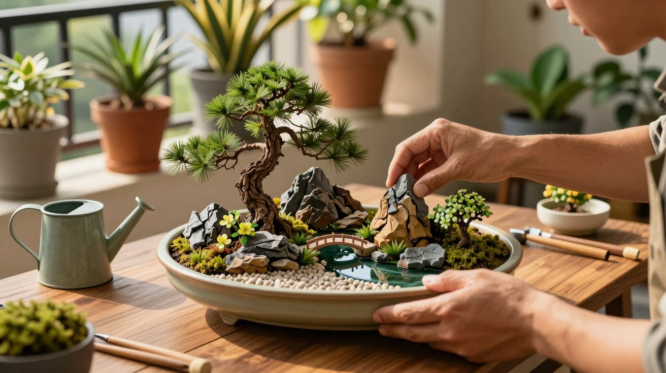 Pessoa cuidando de mini jardim japonês com árvore bonsai, pedras decorativas e pequenas plantas em vaso raso.