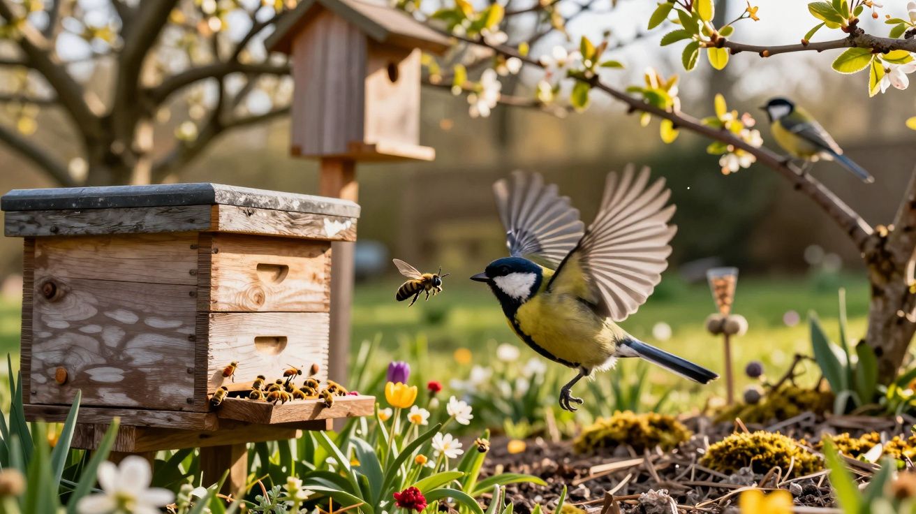 Pássaro voando próximo a uma colméia com abelhas em um jardim florido ensolarado.
