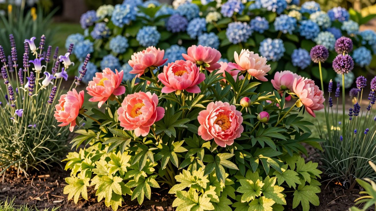Jardim com peônias cor de rosa, lavandas e hortênsias azuis em um dia ensolarado.