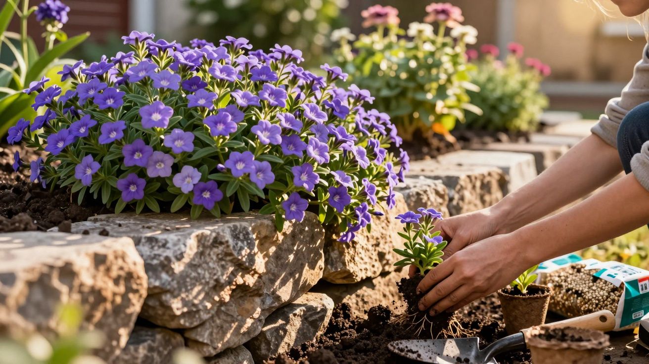 Pessoa plantando flores roxas em canteiro cercado por pedras retangulares num jardim ensolarado.