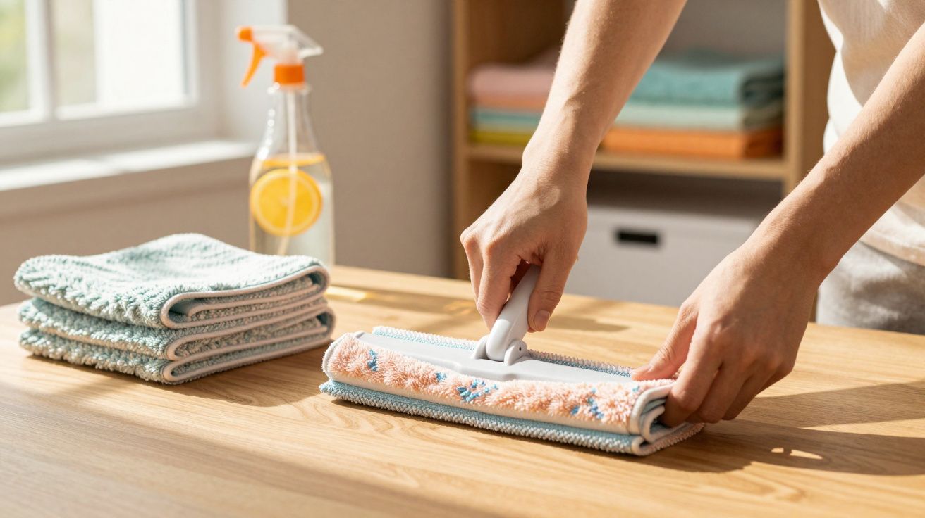 Pessoa usando rodo de microfibra para limpar mesa de madeira em ambiente iluminado pela janela.