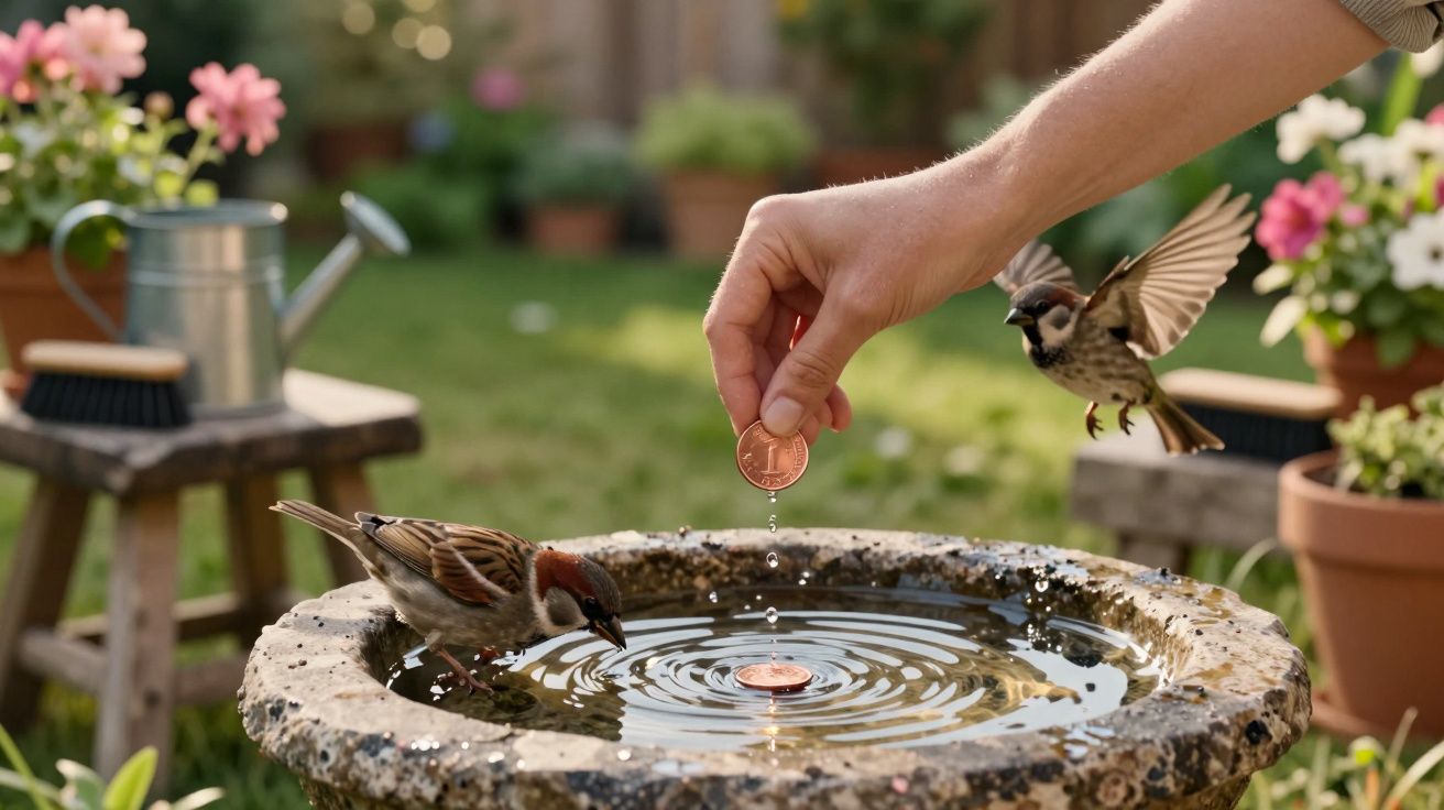 Mão segurando moeda sobre banho de pássaros com dois pardais em jardim florido e regador ao fundo.