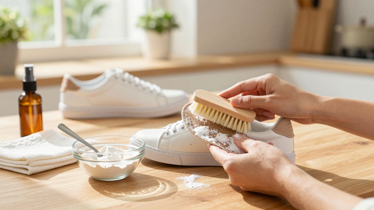 Pessoa limpando tênis branco com escova, pó de limpeza, pano e frasco em mesa de madeira.