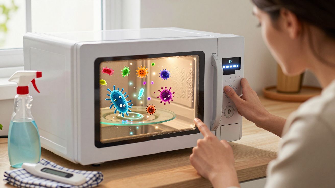 Pessoa ajustando micro-ondas com imagens digitais de vírus dentro, spray e termômetro ao lado.