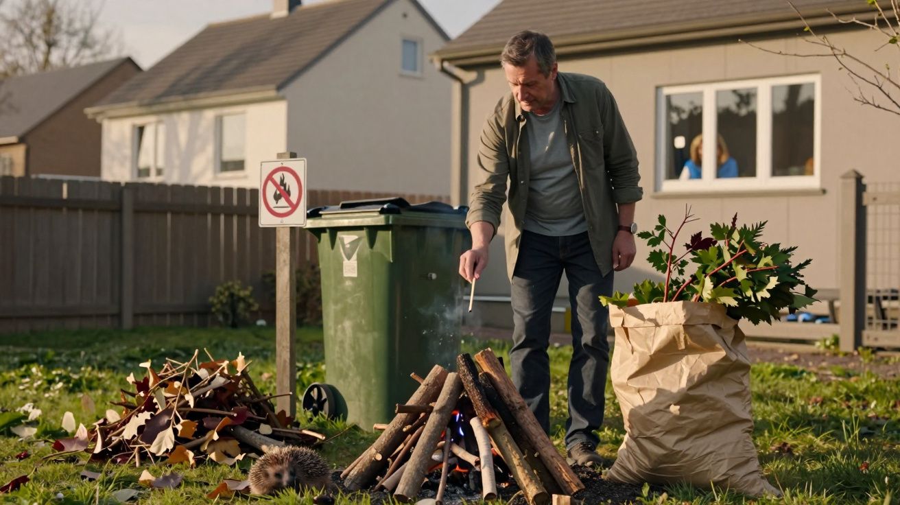 Homem acendendo fogueira no jardim, com saco de folhas e aviso de proibido fumar próximo.