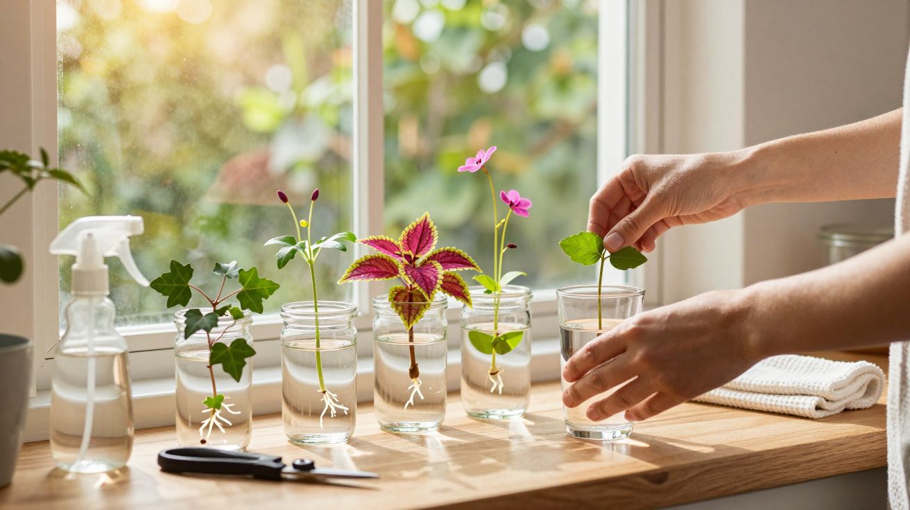 Mãos cuidando de mudas em copos com água, ao lado de tesoura e borrifador, em uma janela iluminada.
