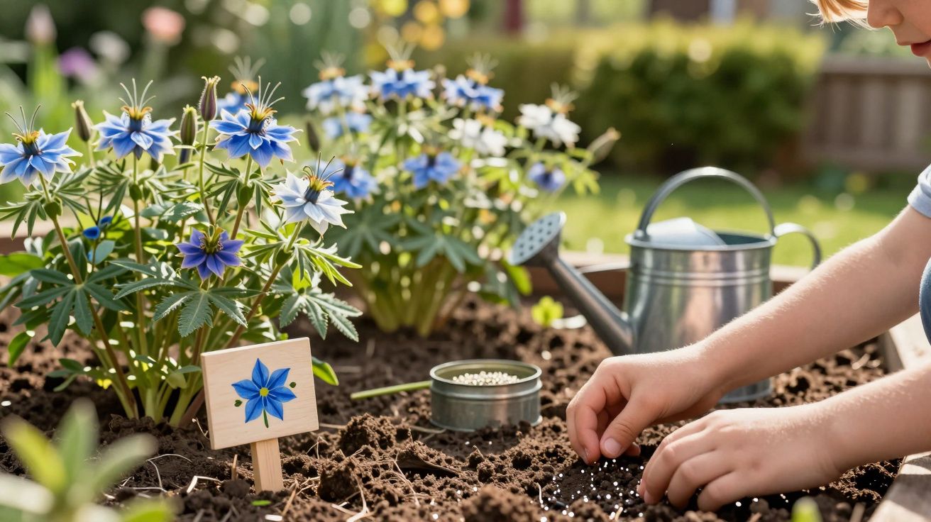 Mãos de criança plantando sementes em jardim com flores azuis e regador metálico ao fundo.