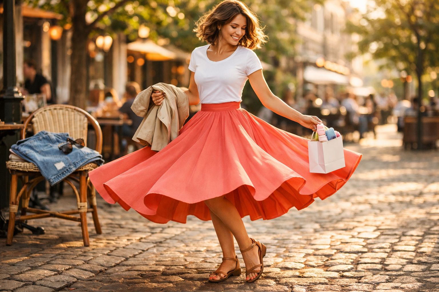 Mulher sorrindo e girando na rua com saia rosa, camiseta branca e sacola de compras na mão.