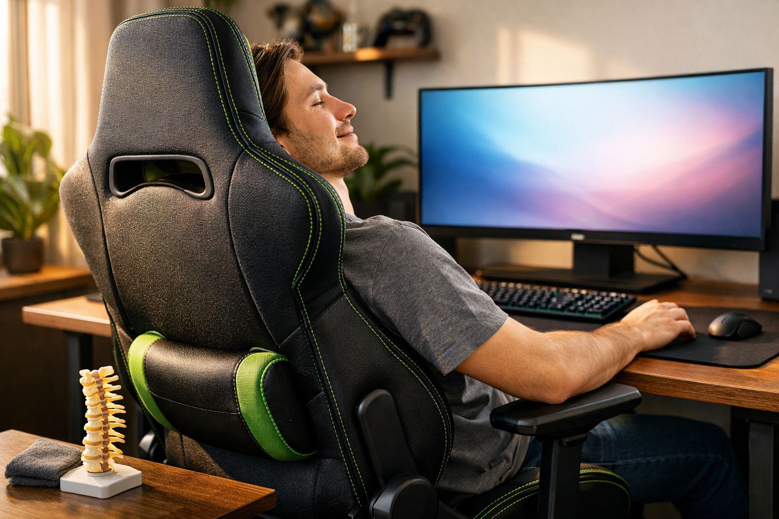 Homem relaxando em cadeira ergonômica enquanto está sentado à mesa com monitor de computador ligado.