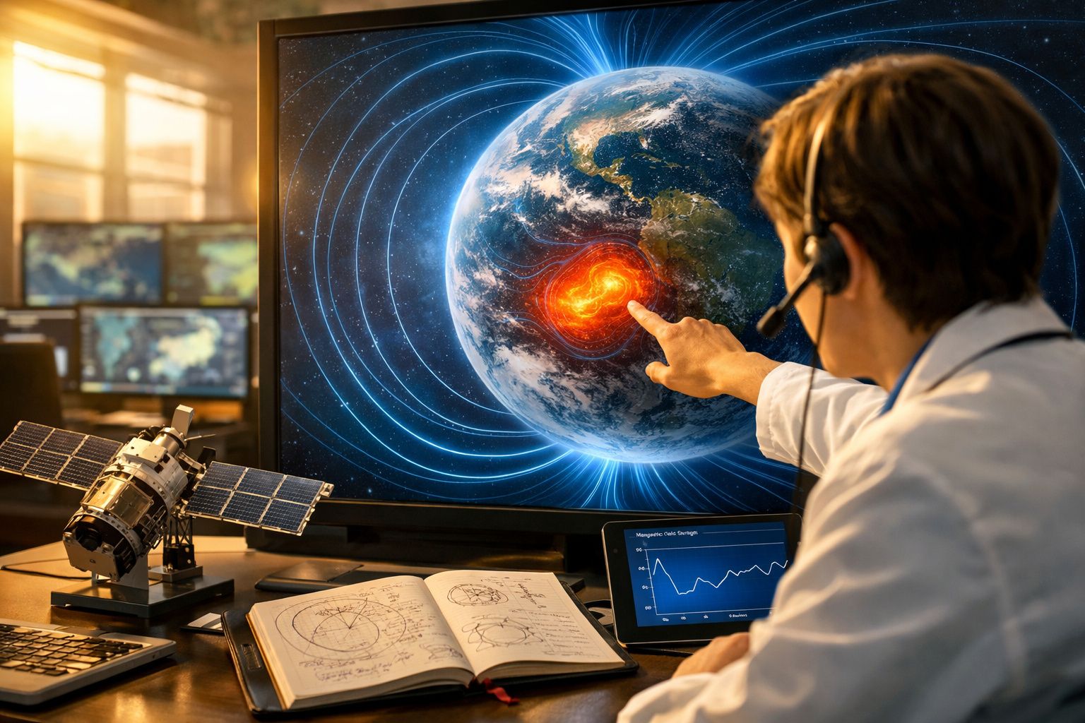 Cientista analisa fenômeno energético na Terra em tela, com satélite e gráficos ao redor em laboratório.
