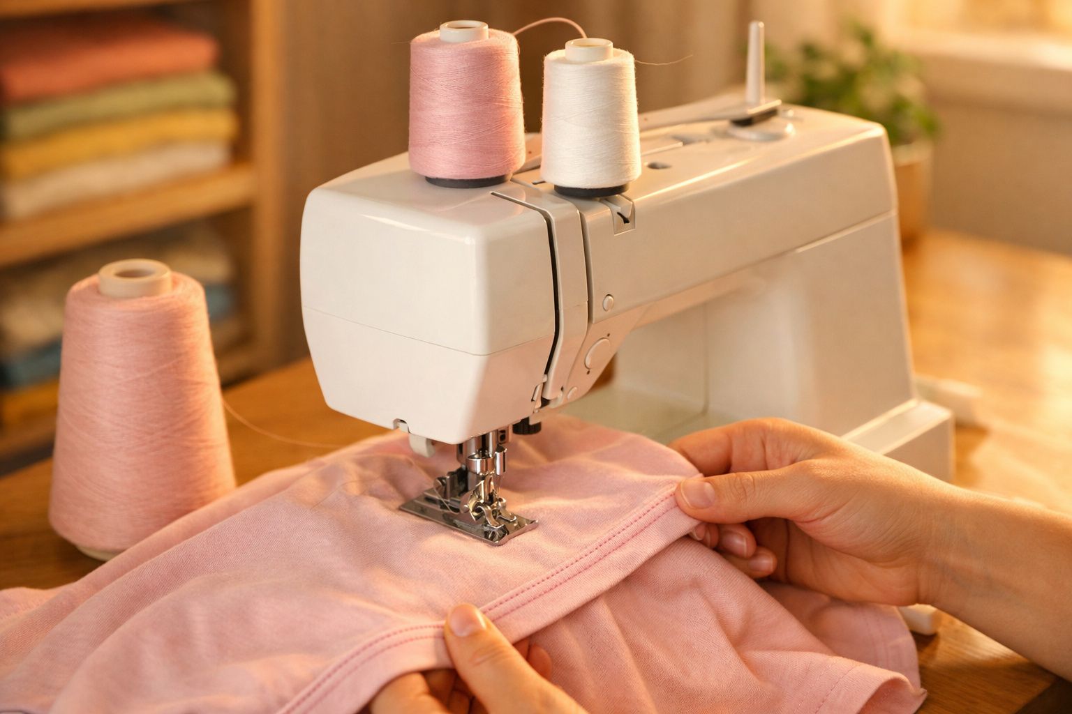 Pessoa costurando tecido rosa em máquina de costura branca sobre mesa de madeira clara.