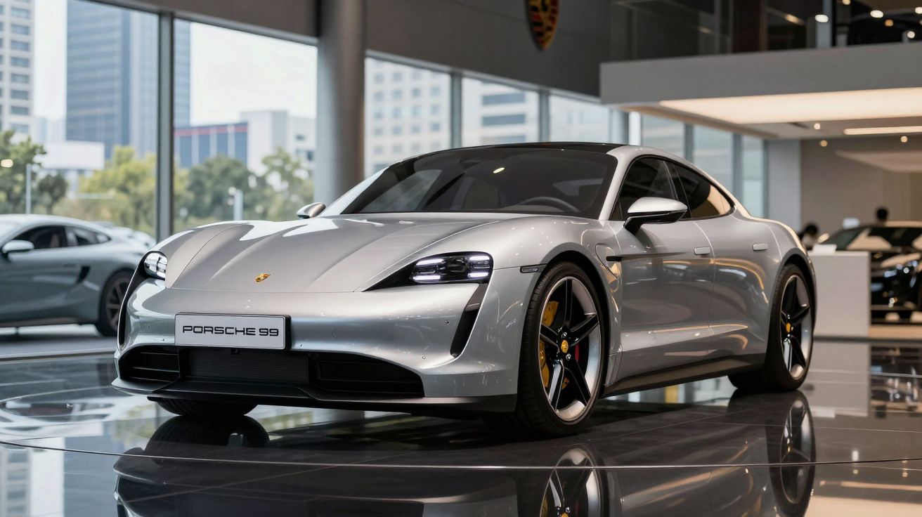 Carro esportivo prata Porsche 99 exibido em showroom moderno com piso refletivo e edifícios ao fundo.