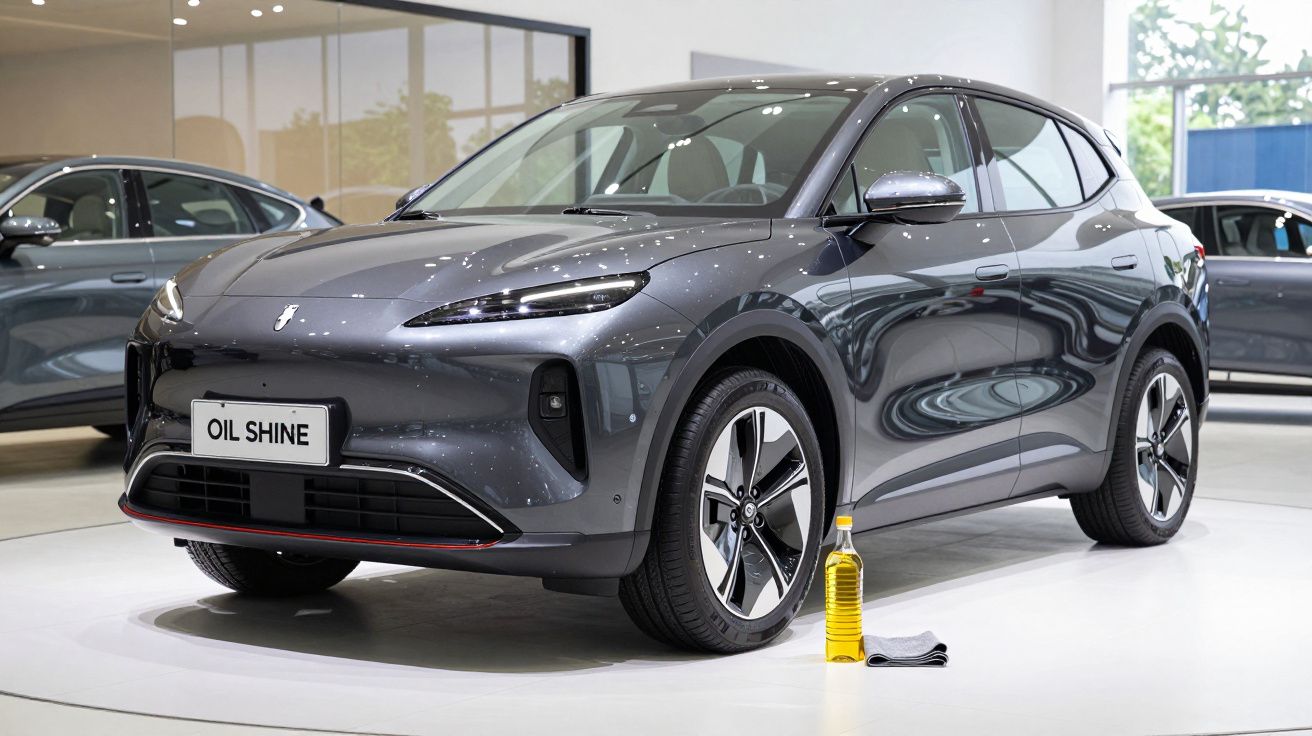 Carro elétrico cinza exposto em showroom, com garrafa de óleo e pano ao lado.