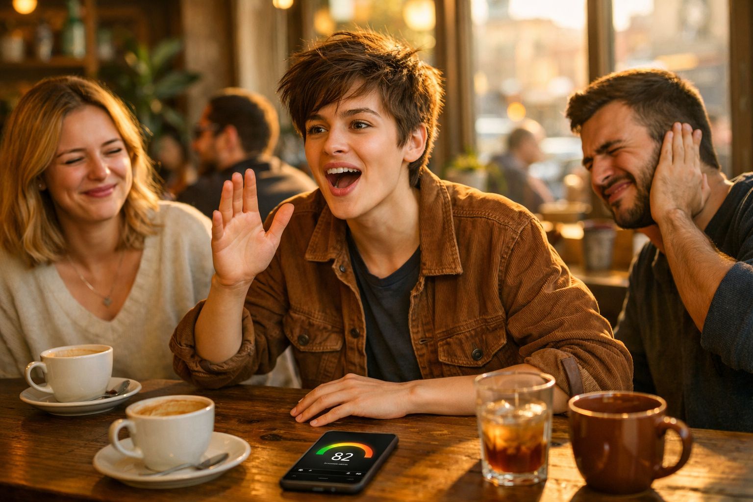 Três amigos em café, dois sorrindo e um tampando o ouvido enquanto outro fala alto animado.