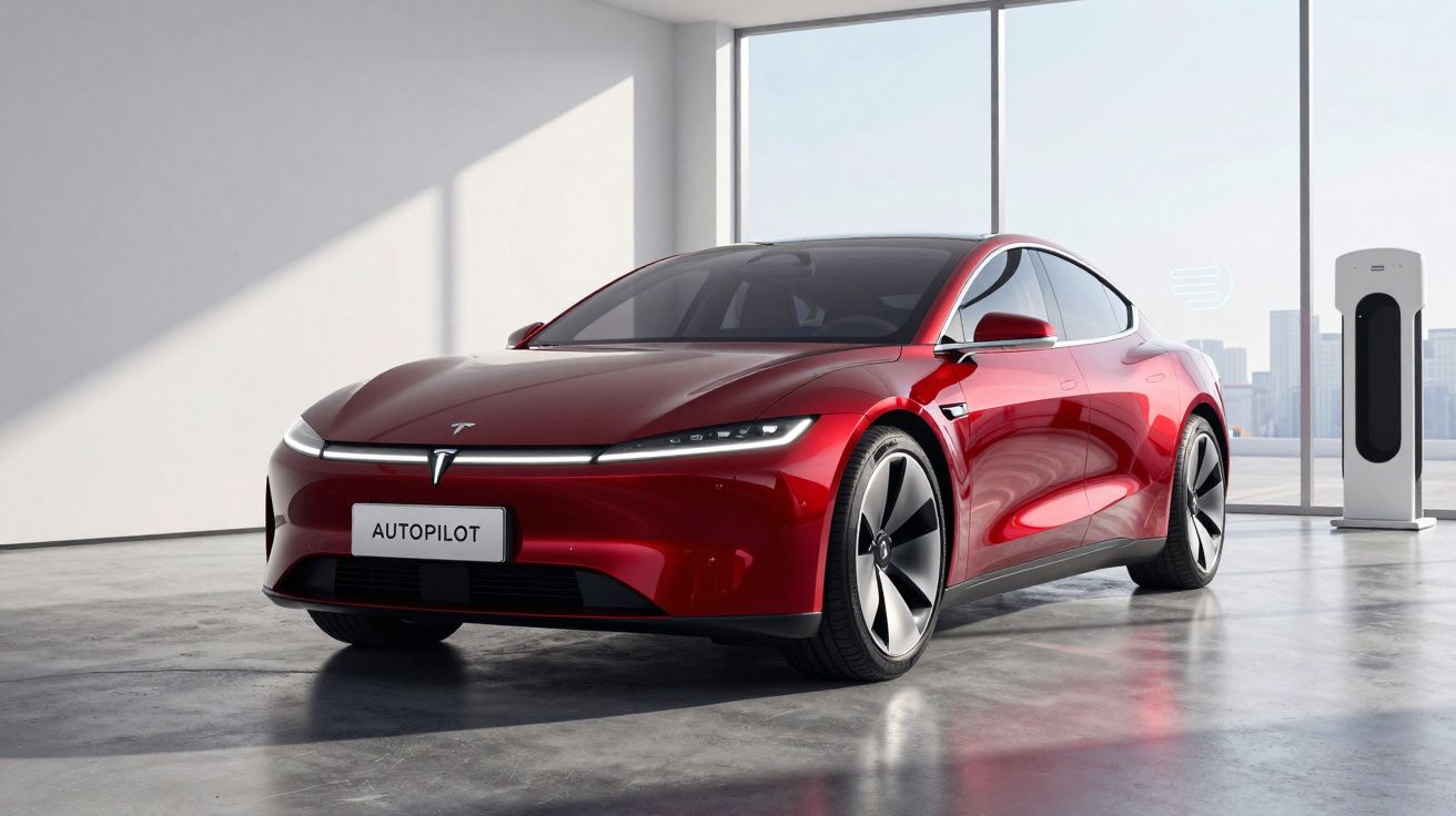 Carro elétrico vermelho Tesla com design moderno estacionado em garagem com carregador ao fundo.