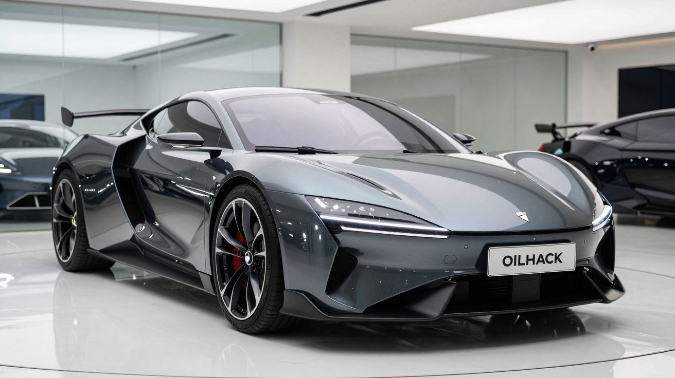 Carro esportivo cinza metálico brilhante em showroom moderno com placa escrita Oilhack.