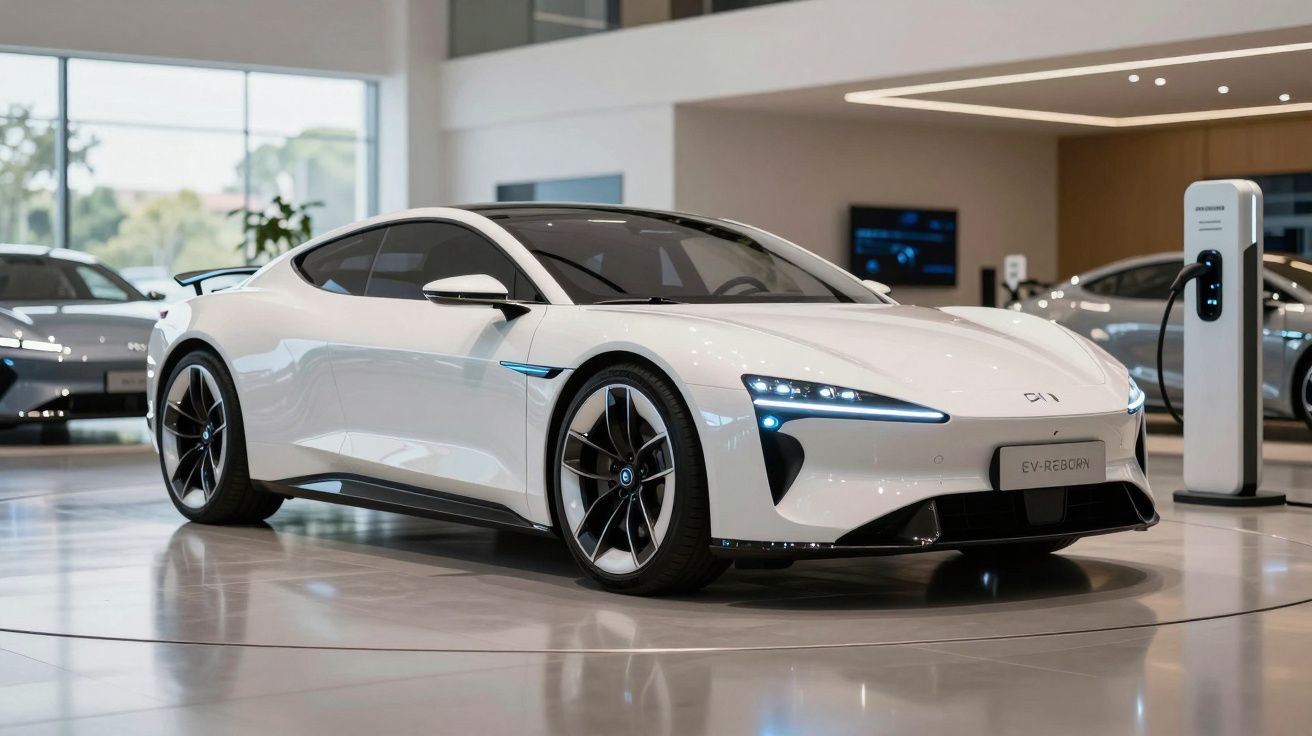 Carro esportivo elétrico branco em exposição, com design moderno e faróis de LED acesos.